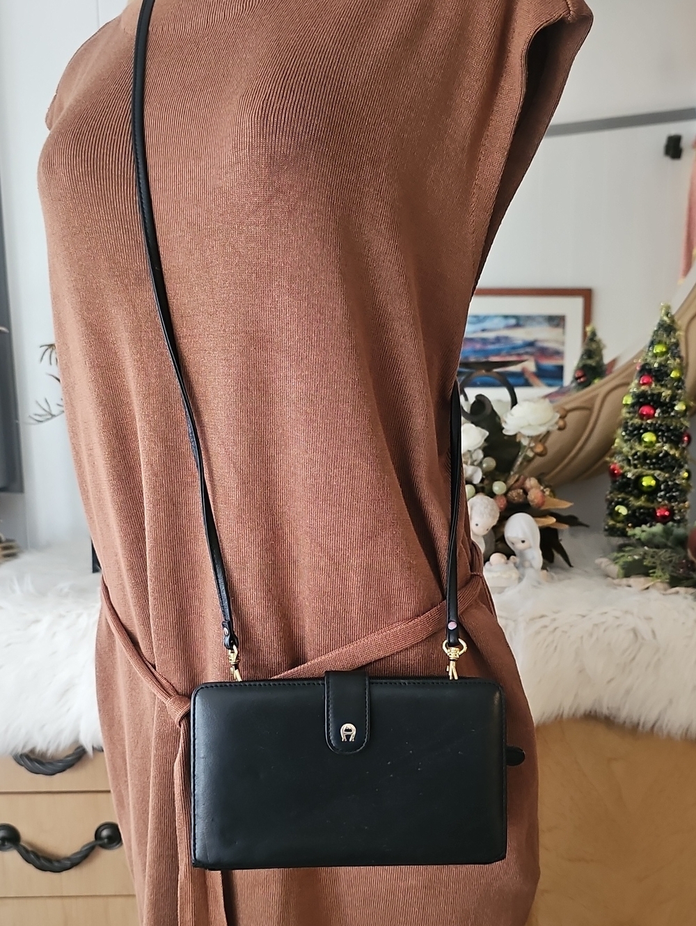 Classic Black Leather Crossbody Wallet - Etienne Aigner brand